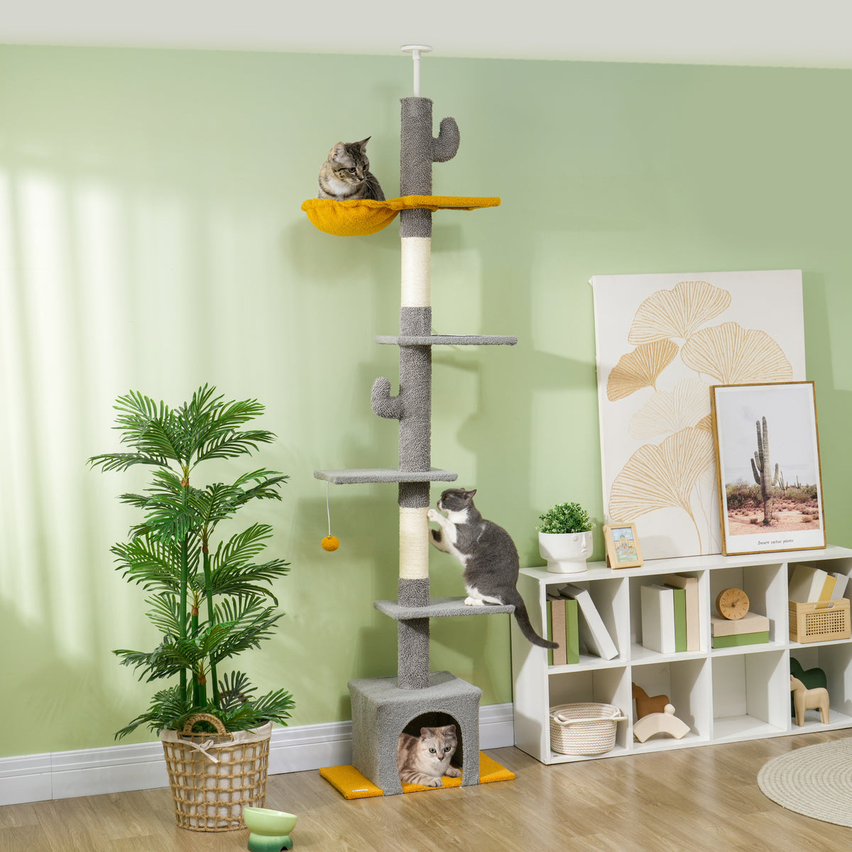 Arbre à chat, hauteur 275 cm, 6 niveaux pour chat d'intérieur, du sol au plafond, avec plate-formes, niche, gris clair-1