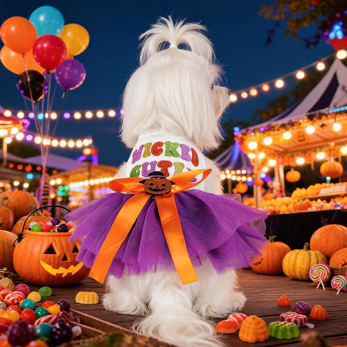 Robe Halloween pour chien – Citrouille violette à sequins