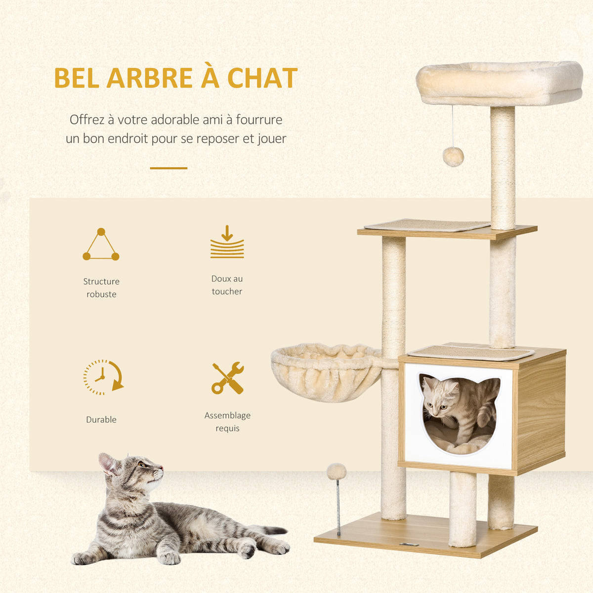 Arbre à chat griffoirs grattoirs multi-équipements niche hamac panier coussins amovibles hauteur 126 cm peluche courte sisal naturel beige-3