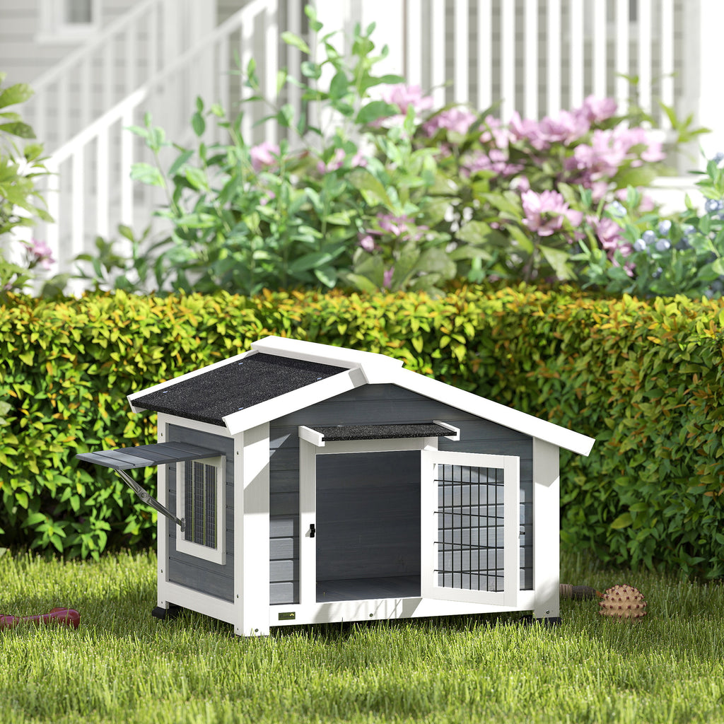 Niche pour Chien Extérieur Abri Jardin Surélevé Plancher Amovible Auvent de Porte et Toit Imperméable 98x76x69,5cm Gris-1