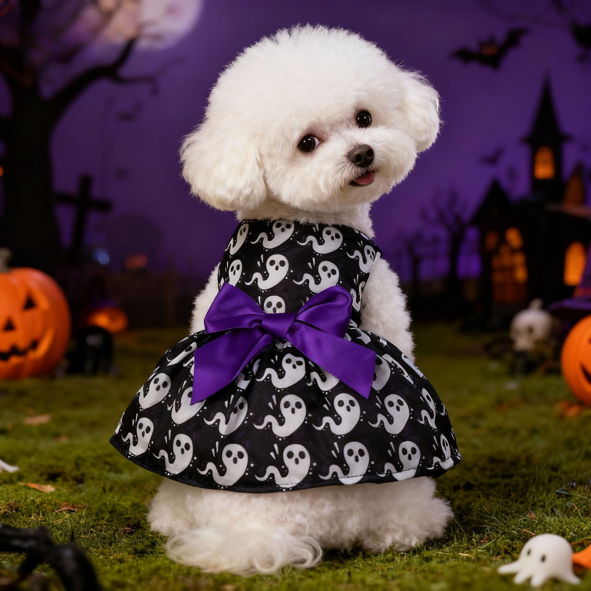 Robe Halloween pour chien – Citrouille, chauve-souris & fantôme