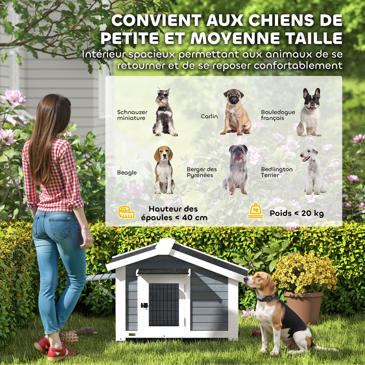 Niche pour Chien Extérieur Abri Jardin Surélevé Plancher Amovible Auvent de Porte et Toit Imperméable 98x76x69,5cm Gris-6