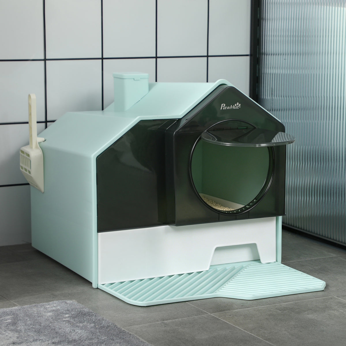 Maison de toilette bac à litière pour chat design maisonnette avec pelle, filtre et tapis dim. 47L x 45l x 42H cm bleu-1
