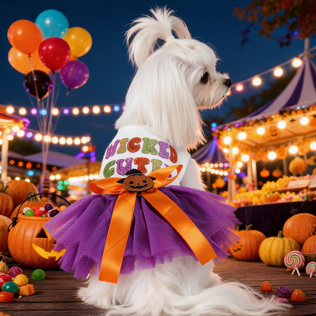 Robe Halloween pour chien – Citrouille violette à sequins