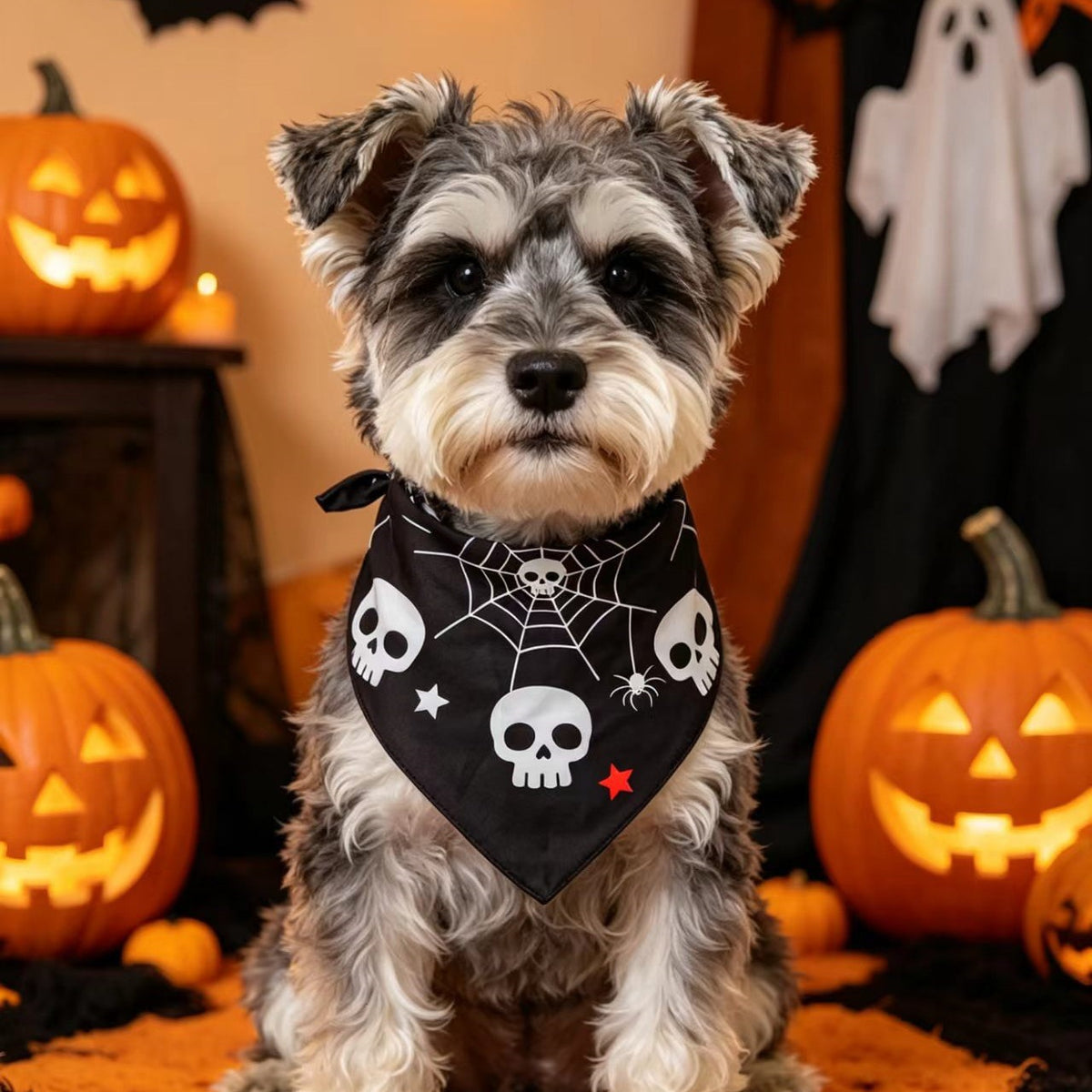 Bandana Halloween pour chien – Crâne & toile d’araignée