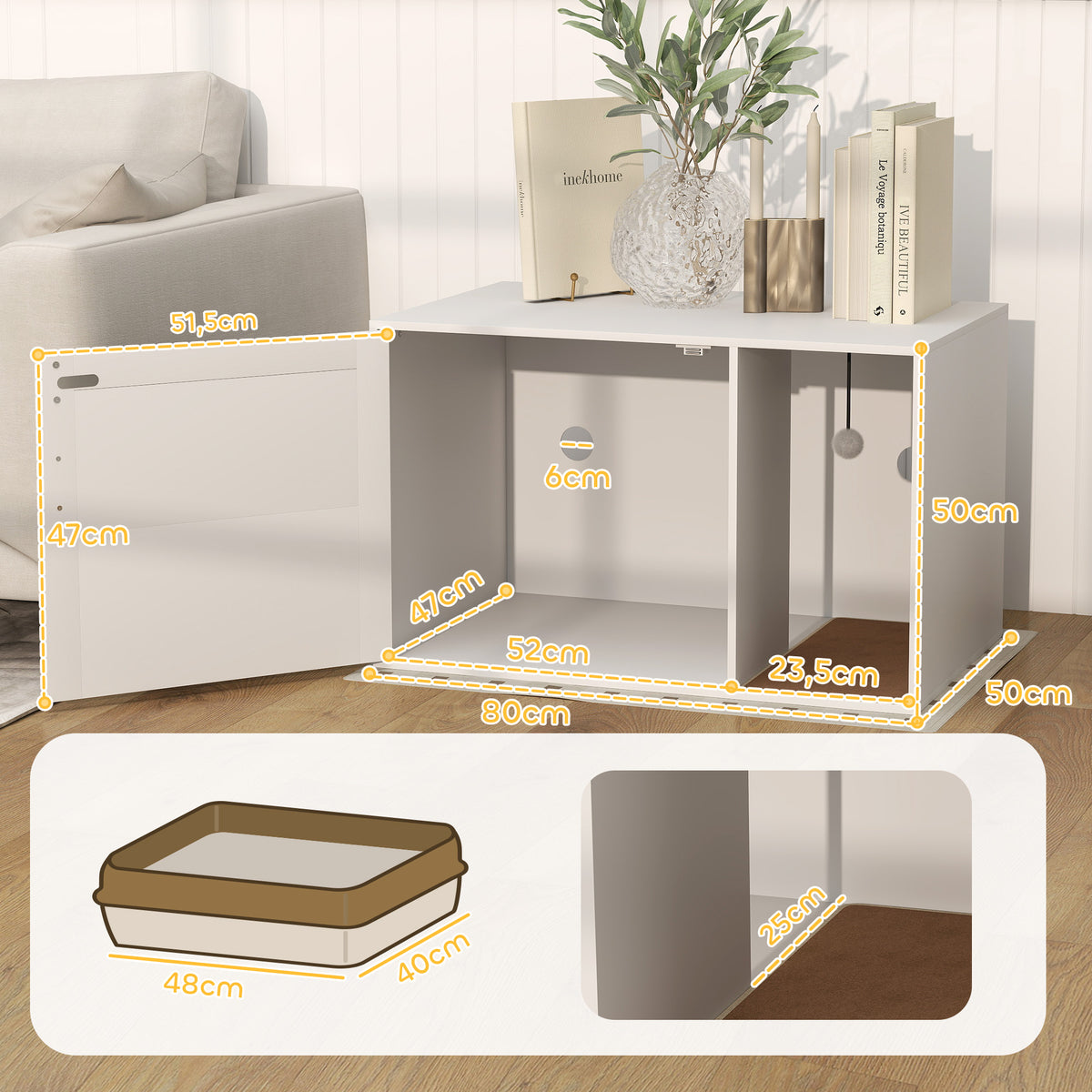 Maison de toilette chat meuble litière pour chat tapis griffoir porte avec poignées style bohème 80 x 50 x 50 cm blanc-2