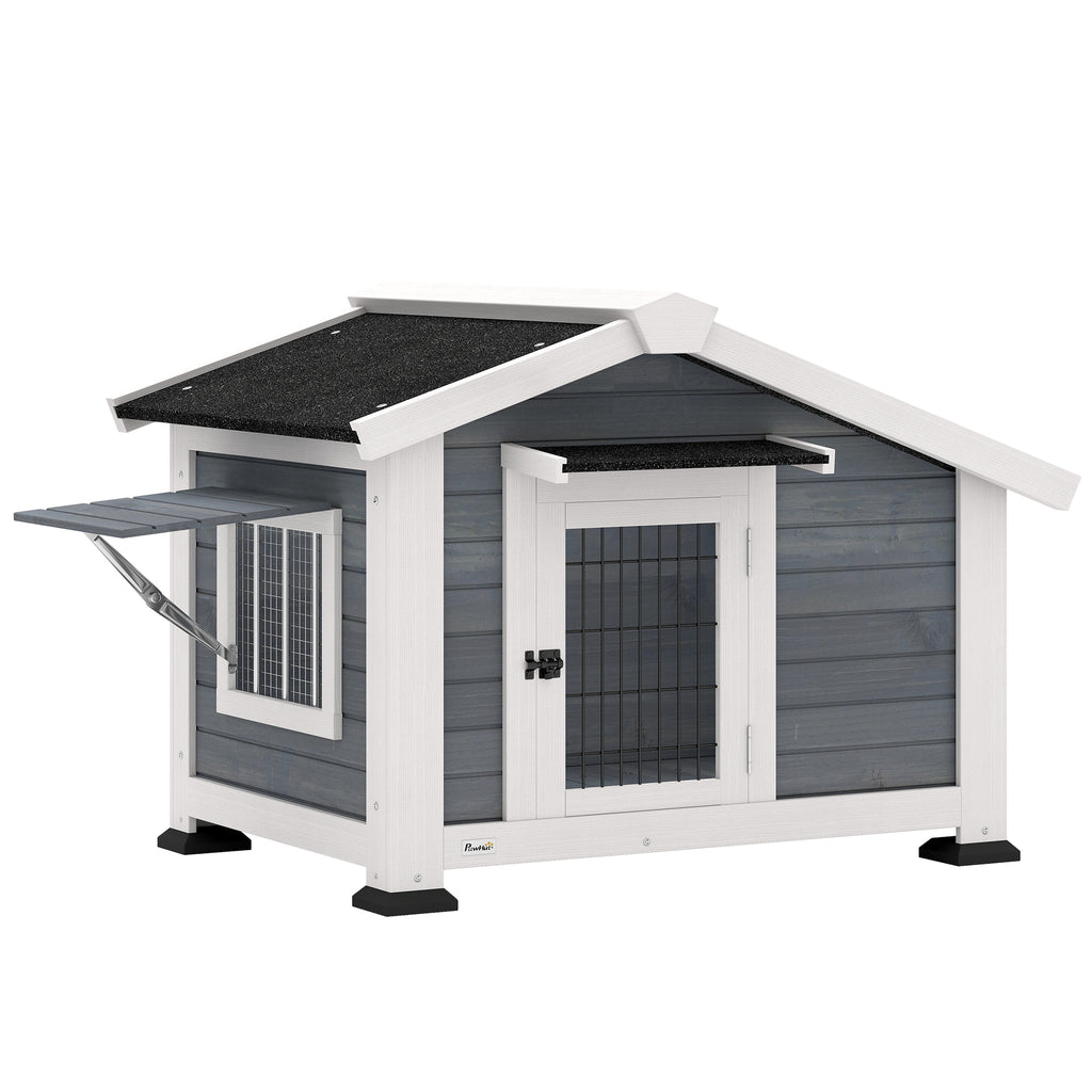 Niche pour Chien Extérieur Abri Jardin Surélevé Plancher Amovible Auvent de Porte et Toit Imperméable 98x76x69,5cm Gris-0