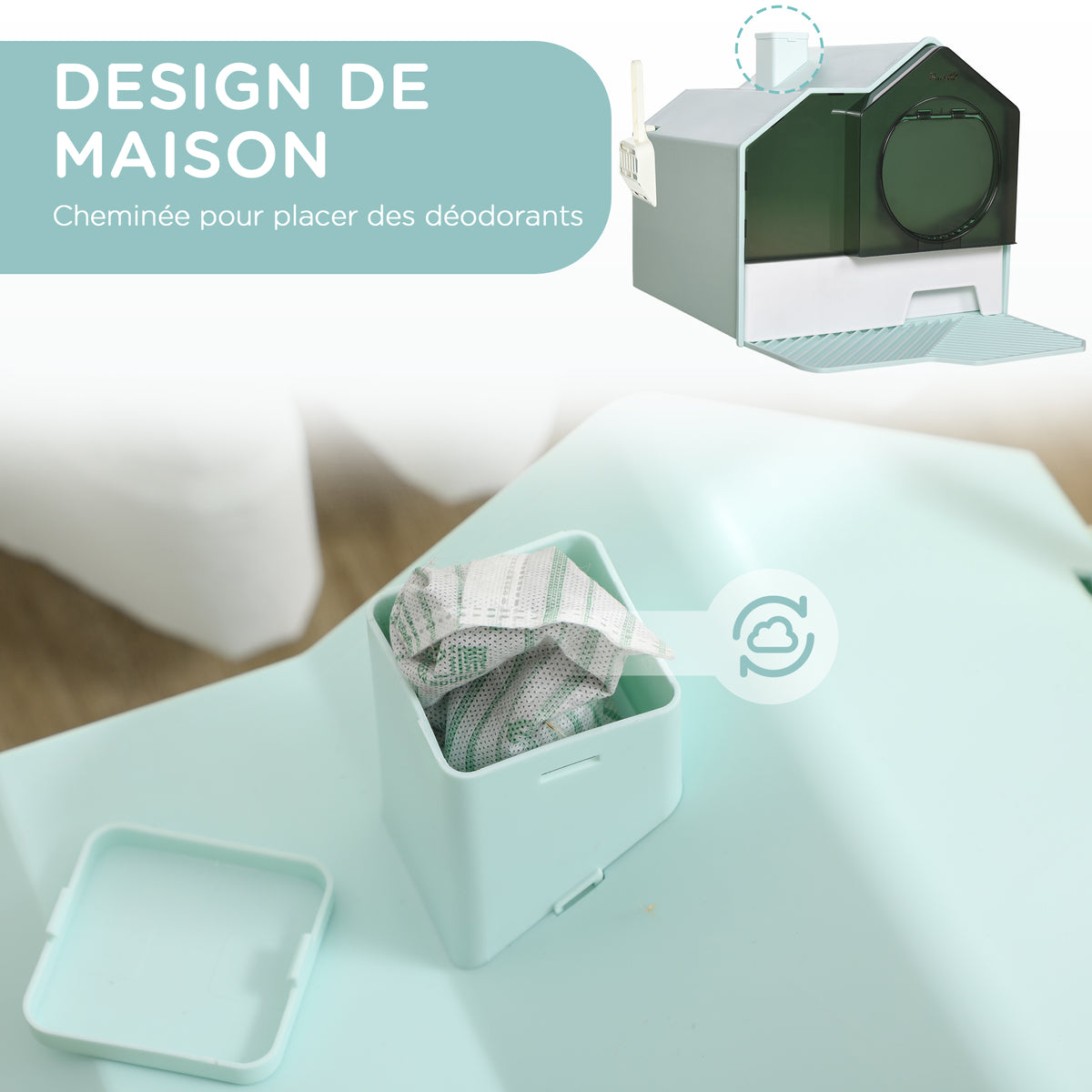 Maison de toilette bac à litière pour chat design maisonnette avec pelle, filtre et tapis dim. 47L x 45l x 42H cm bleu-3