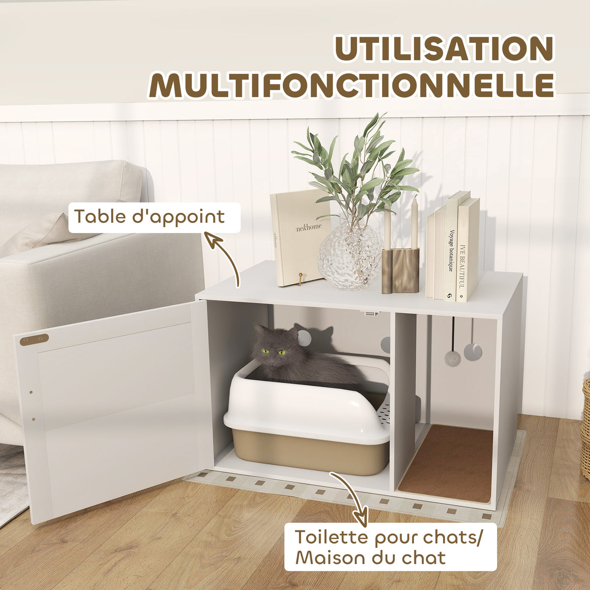 Maison de toilette chat meuble litière pour chat tapis griffoir porte avec poignées style bohème 80 x 50 x 50 cm blanc-3