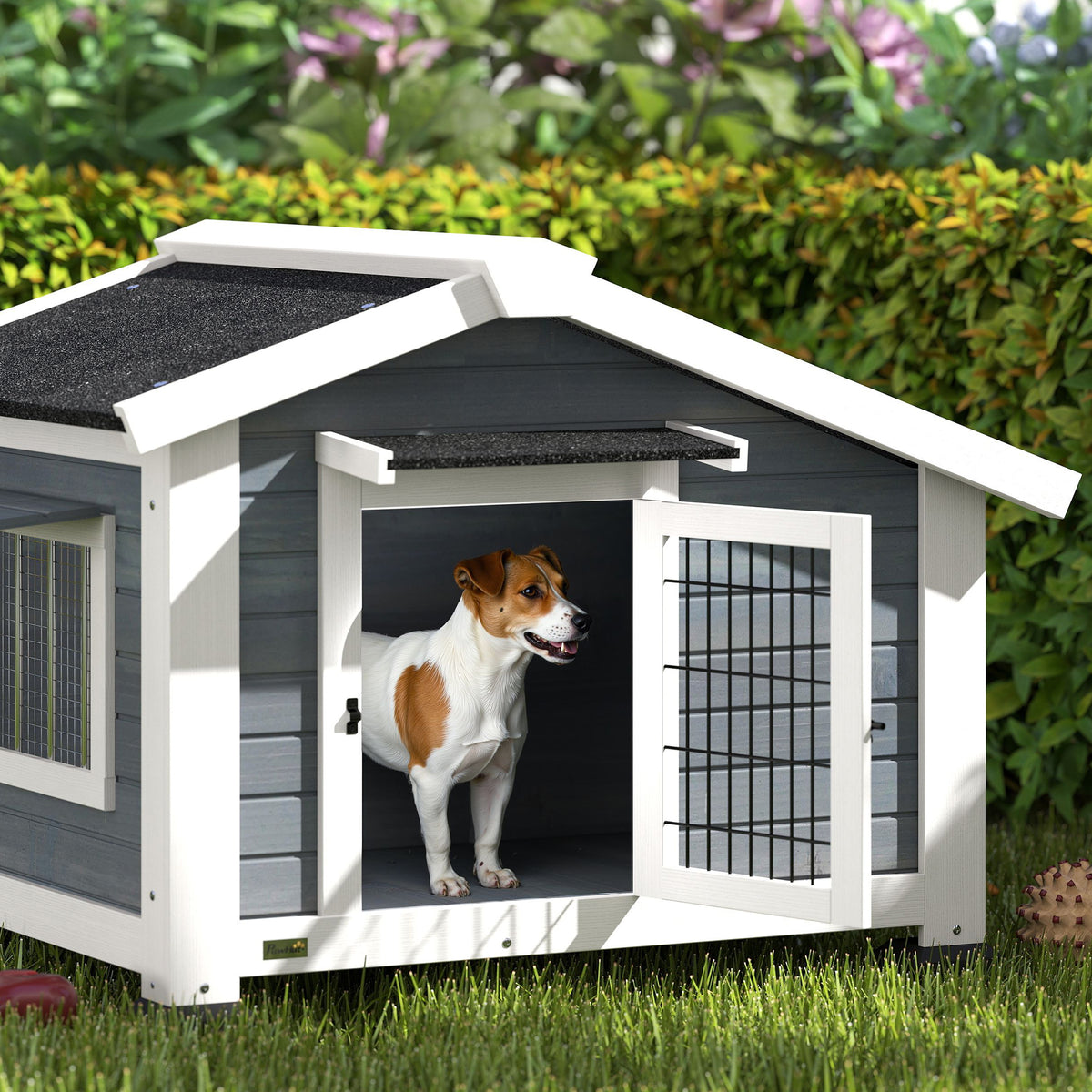 Niche pour Chien Extérieur Abri Jardin Surélevé Plancher Amovible Auvent de Porte et Toit Imperméable 98x76x69,5cm Gris-7