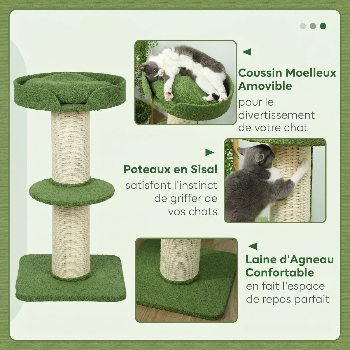 Arbre à Chat avec Griffoir, Centre d'Activités, Plateformes, Coussin, 45 x 45 x 91 cm, Vert et Beige-4