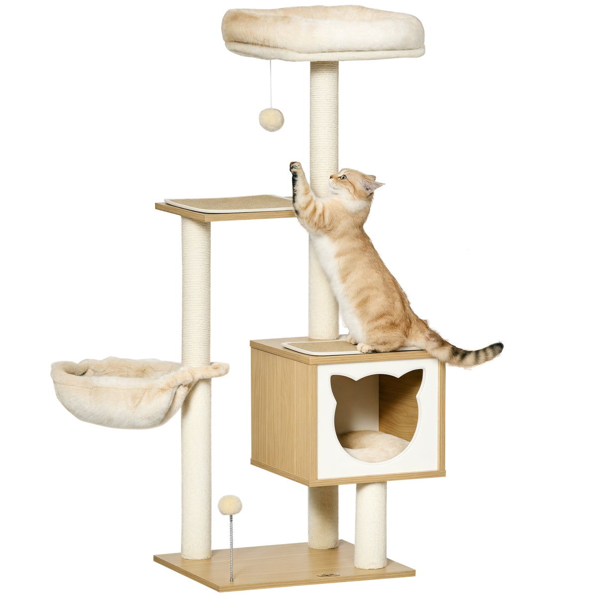 Arbre à chat griffoirs grattoirs multi-équipements niche hamac panier coussins amovibles hauteur 126 cm peluche courte sisal naturel beige-0
