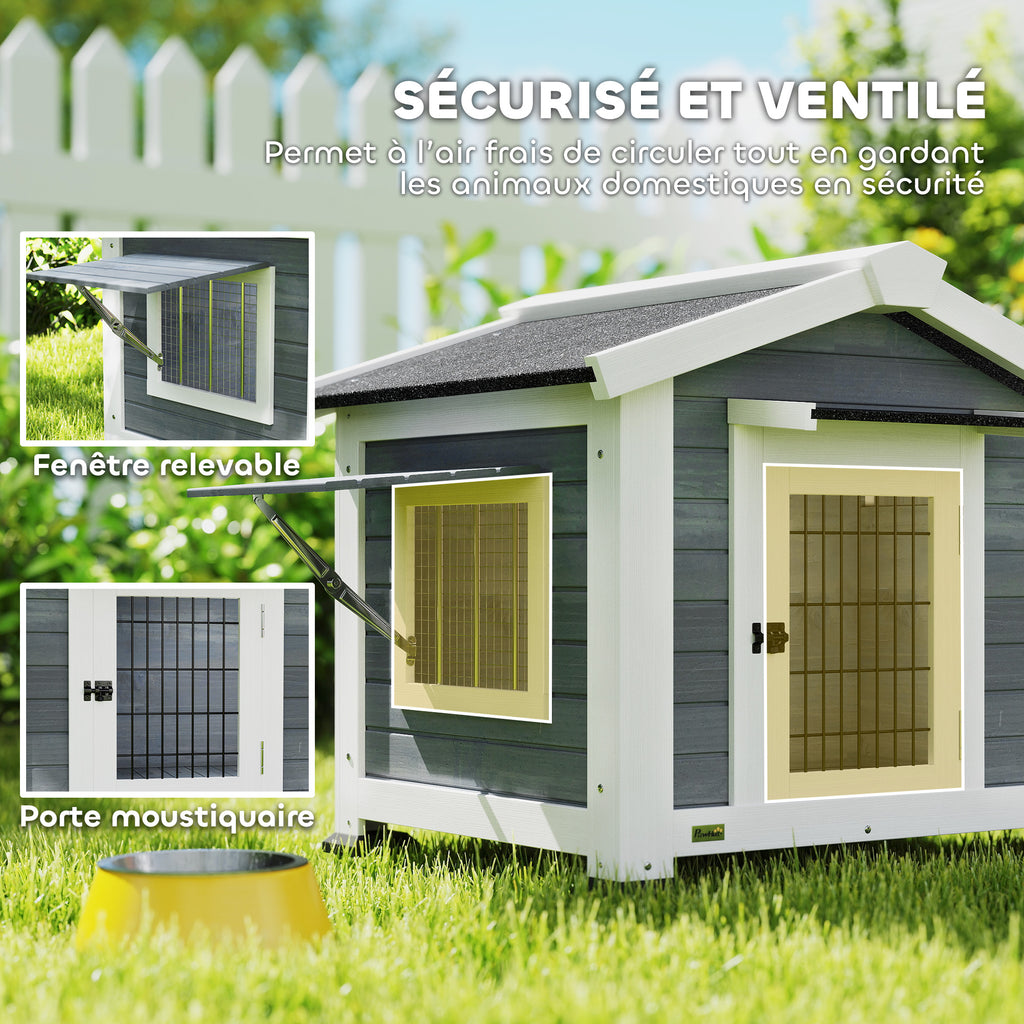 Niche pour Chien Extérieur Abri Jardin Surélevé Plancher Amovible Auvent de Porte et Toit Imperméable 98x76x69,5cm Gris-3