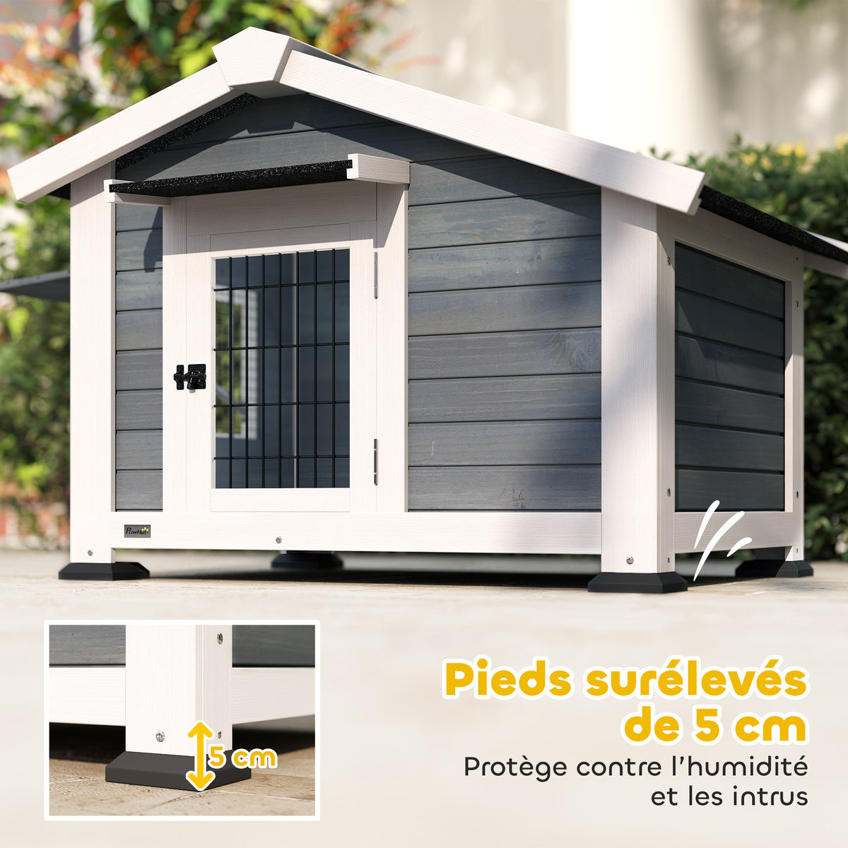 Niche pour Chien Extérieur Abri Jardin Surélevé Plancher Amovible Auvent de Porte et Toit Imperméable 98x76x69,5cm Gris-5