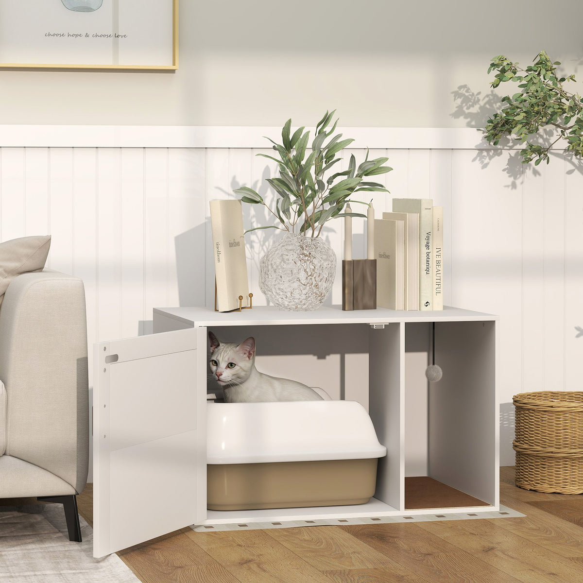 Maison de toilette chat meuble litière pour chat tapis griffoir porte avec poignées style bohème 80 x 50 x 50 cm blanc-1