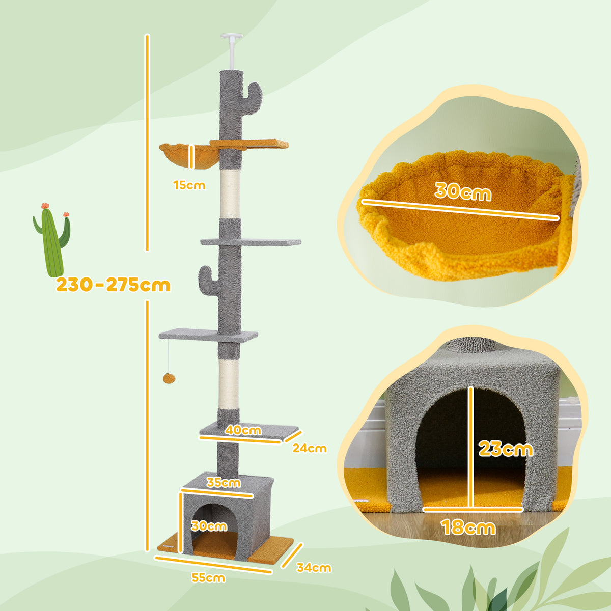 Arbre à chat, hauteur 275 cm, 6 niveaux pour chat d'intérieur, du sol au plafond, avec plate-formes, niche, gris clair-2