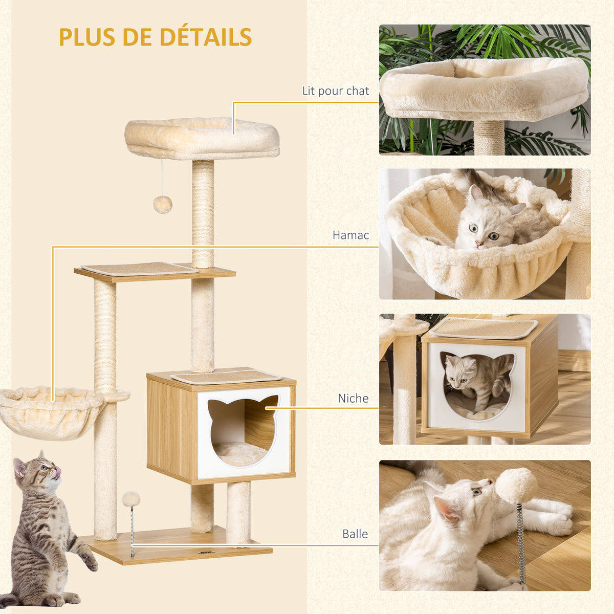 Arbre à chat griffoirs grattoirs multi-équipements niche hamac panier coussins amovibles hauteur 126 cm peluche courte sisal naturel beige-4