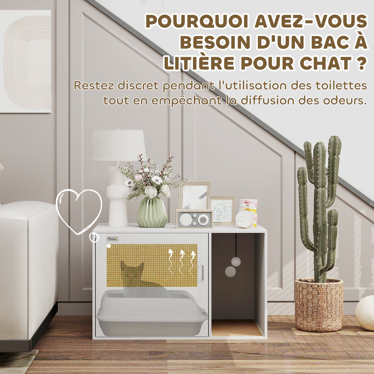 Maison de toilette chat meuble litière pour chat tapis griffoir porte avec poignées style bohème 80 x 50 x 50 cm blanc-4