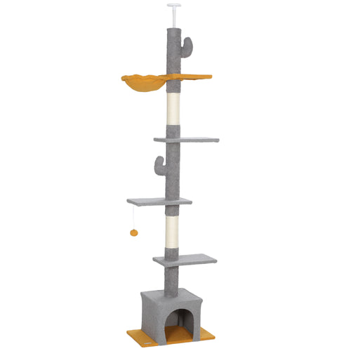 Arbre à chat, hauteur 275 cm, 6 niveaux pour chat d'intérieur, du sol au plafond, avec plate-formes, niche, gris clair-0