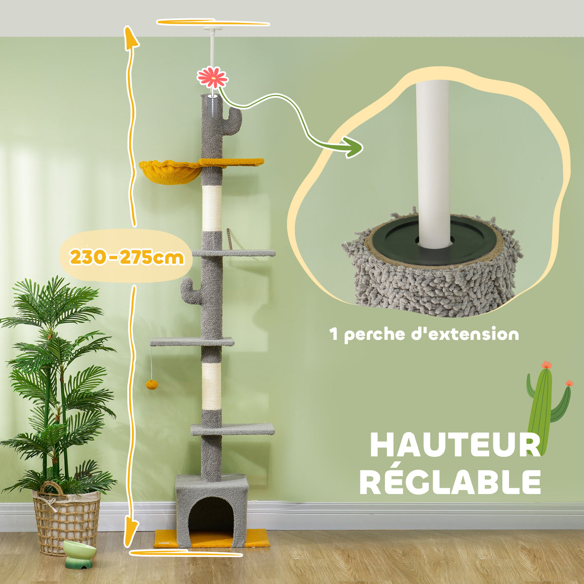 Arbre à chat, hauteur 275 cm, 6 niveaux pour chat d'intérieur, du sol au plafond, avec plate-formes, niche, gris clair-3