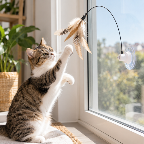 Chat jouant avec une baguette à plumes fixée à une fenêtre