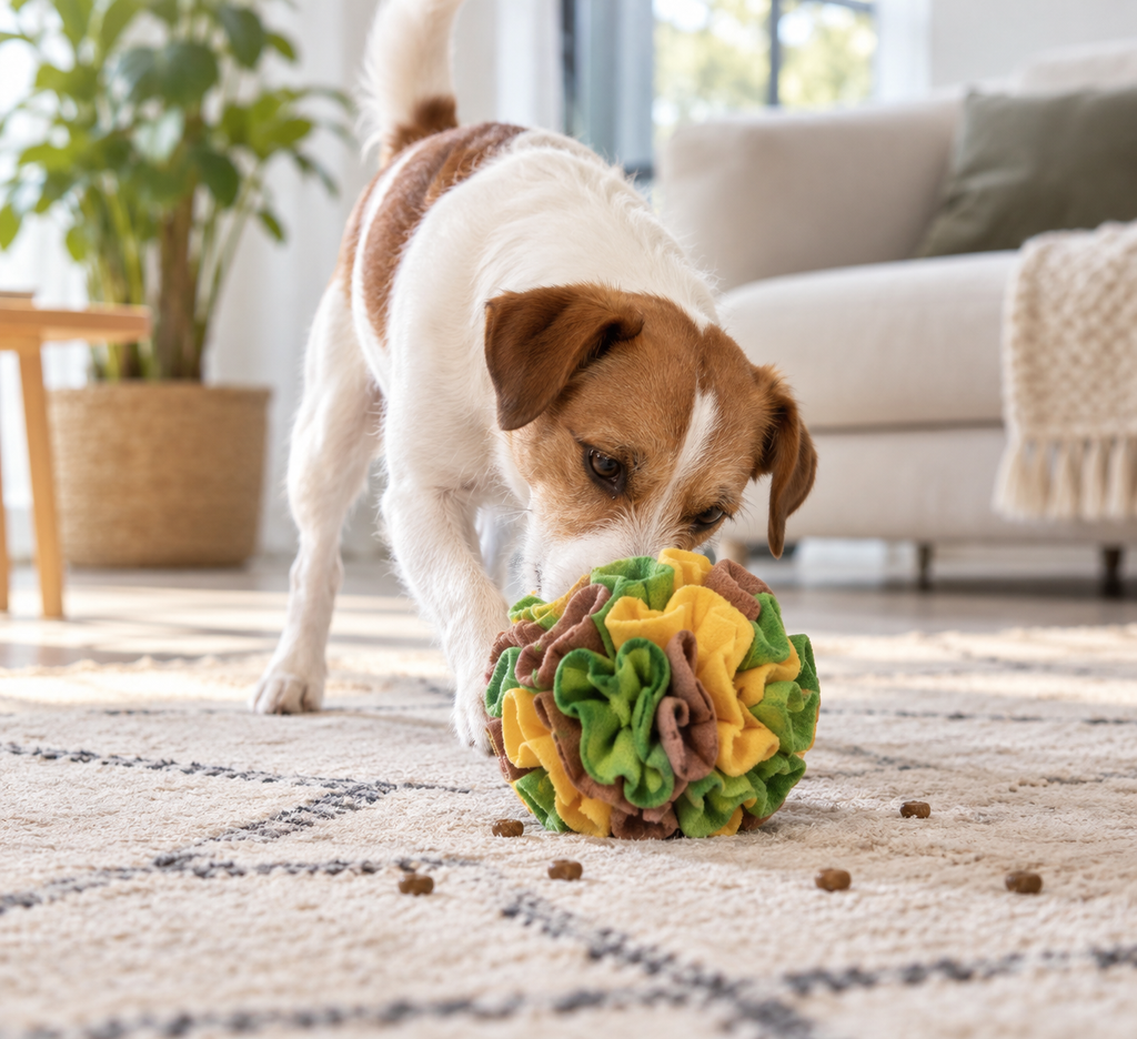 Chien utilisant une balle à renifler avec des friandises
