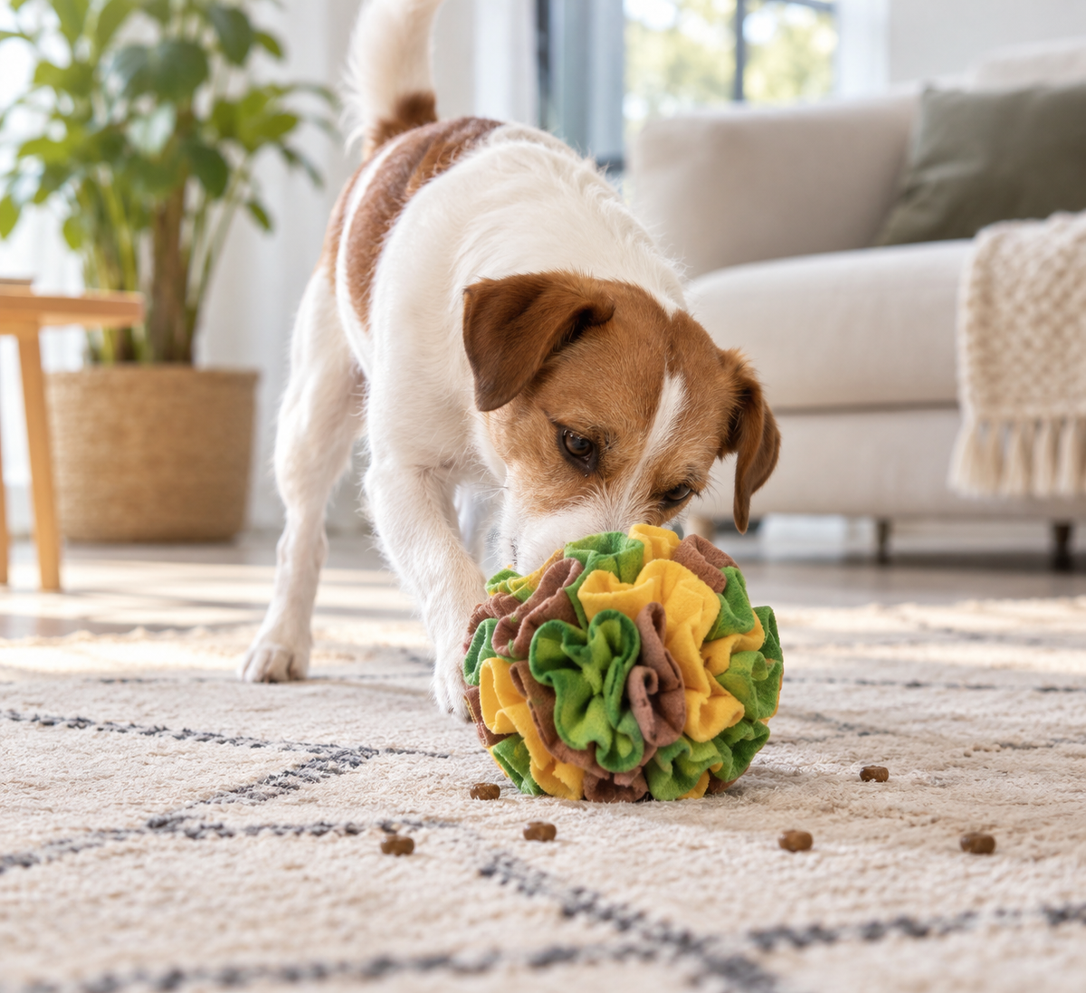 Chien utilisant une balle à renifler avec des friandises