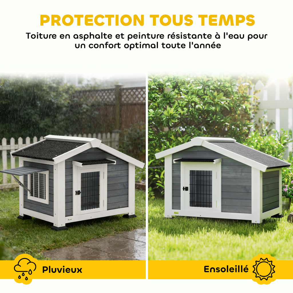 Niche pour Chien Extérieur Abri Jardin Surélevé Plancher Amovible Auvent de Porte et Toit Imperméable 98x76x69,5cm Gris-4
