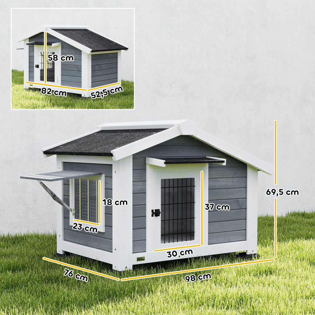Niche pour Chien Extérieur Abri Jardin Surélevé Plancher Amovible Auvent de Porte et Toit Imperméable 98x76x69,5cm Gris-2