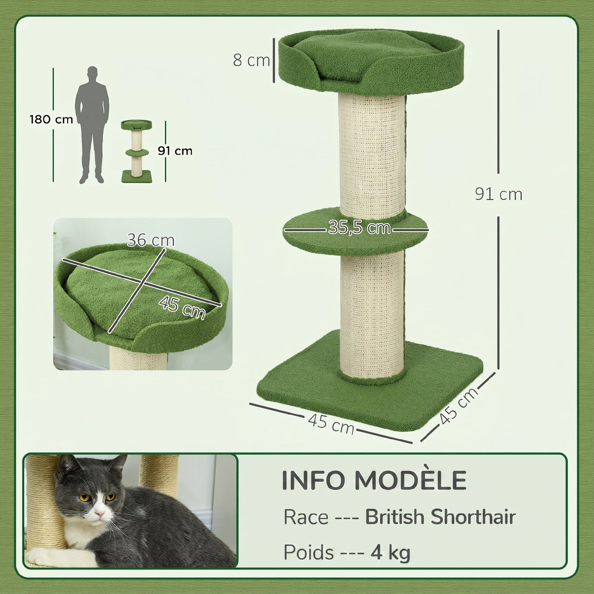 Arbre à Chat avec Griffoir, Centre d'Activités, Plateformes, Coussin, 45 x 45 x 91 cm, Vert et Beige-2