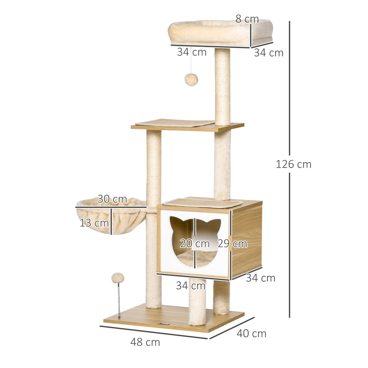 Arbre à chat griffoirs grattoirs multi-équipements niche hamac panier coussins amovibles hauteur 126 cm peluche courte sisal naturel beige-2
