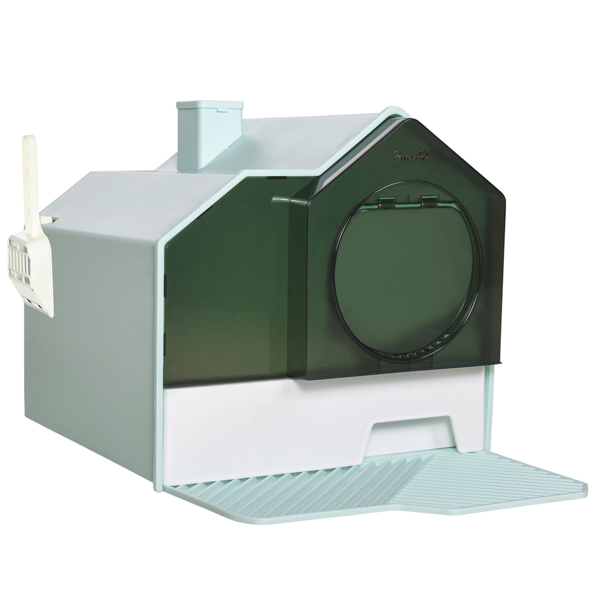 Maison de toilette bac à litière pour chat design maisonnette avec pelle, filtre et tapis dim. 47L x 45l x 42H cm bleu-0