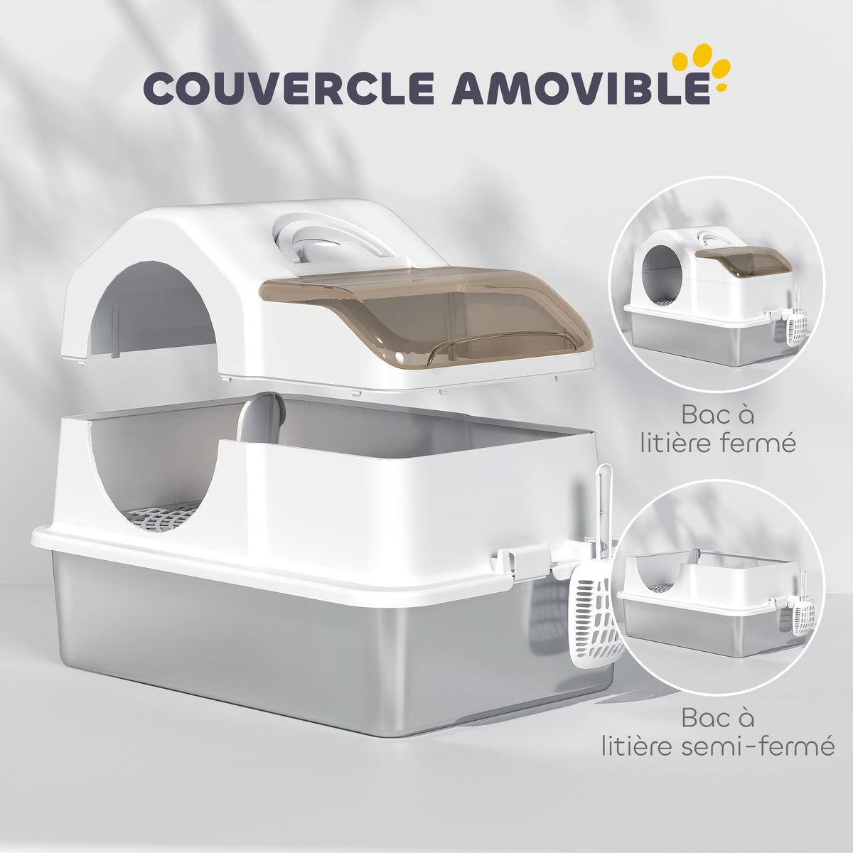 Maison de toilette pour chat avec couvercle amovible, bac à litière chat fermé côtés hauts, 60,5x40,5x45cm, blanc-3