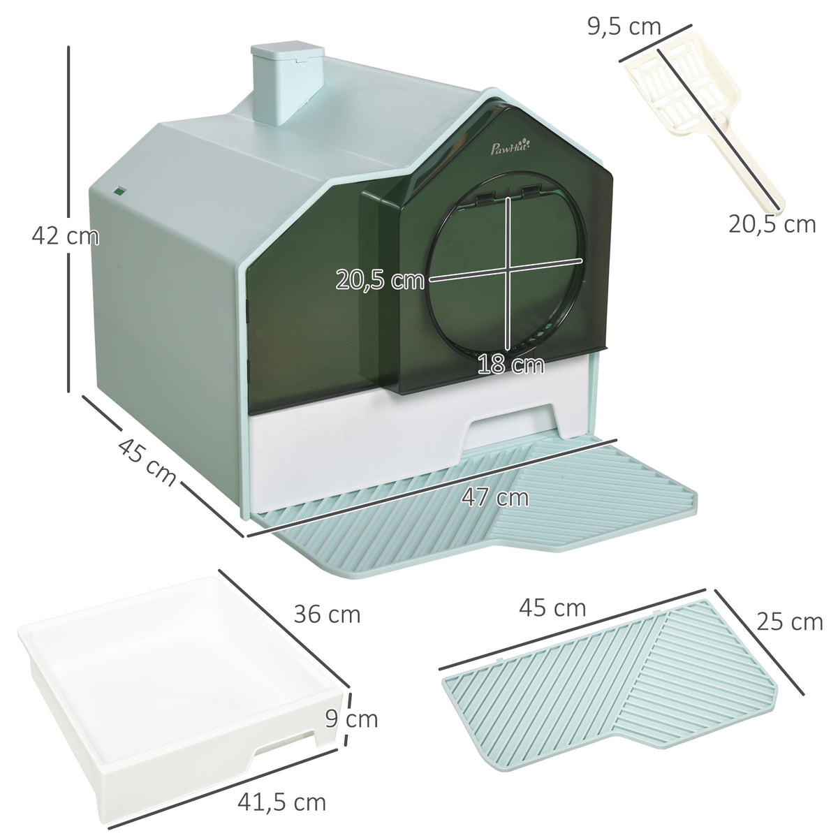 Maison de toilette bac à litière pour chat design maisonnette avec pelle, filtre et tapis dim. 47L x 45l x 42H cm bleu-2