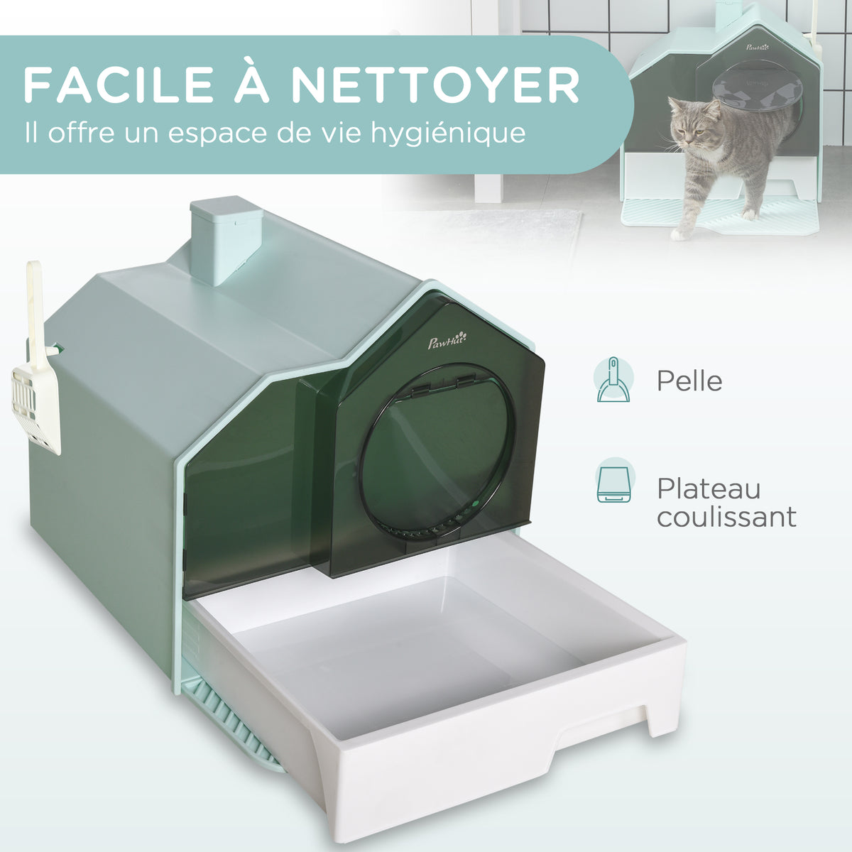 Maison de toilette bac à litière pour chat design maisonnette avec pelle, filtre et tapis dim. 47L x 45l x 42H cm bleu-4