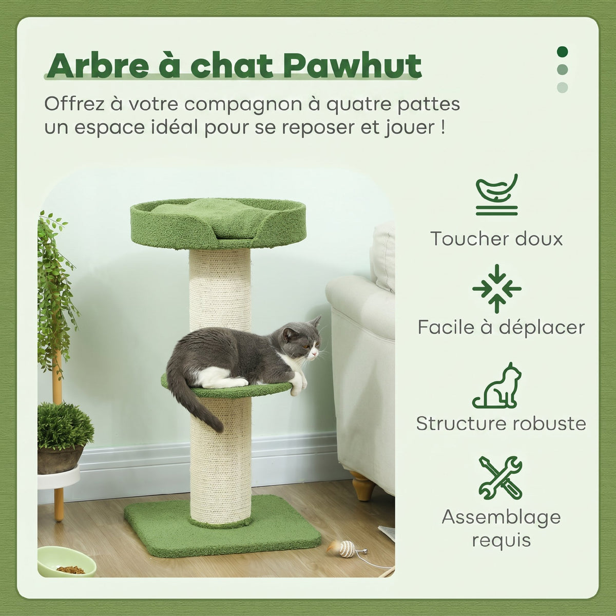 Arbre à Chat avec Griffoir, Centre d'Activités, Plateformes, Coussin, 45 x 45 x 91 cm, Vert et Beige-3