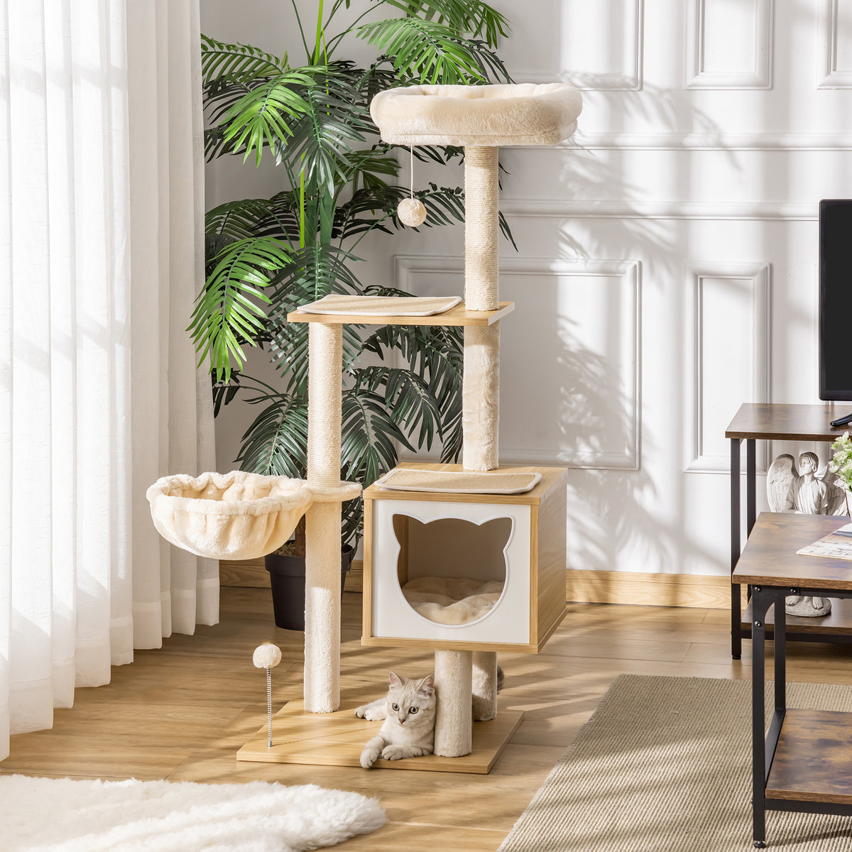 Arbre à chat griffoirs grattoirs multi-équipements niche hamac panier coussins amovibles hauteur 126 cm peluche courte sisal naturel beige-1