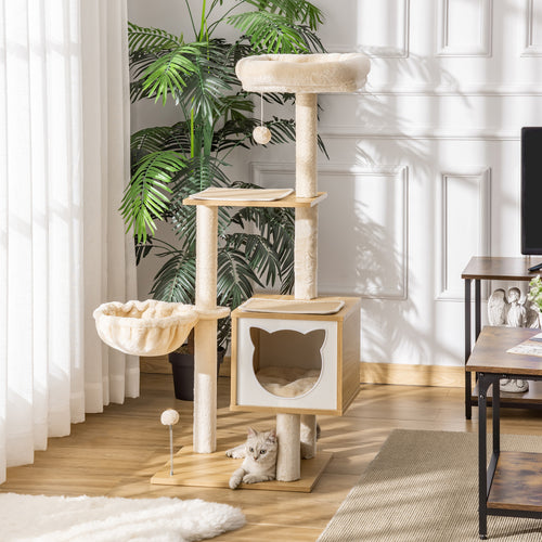 Arbre à chat griffoirs grattoirs multi-équipements niche hamac panier coussins amovibles hauteur 126 cm peluche courte sisal naturel beige-1